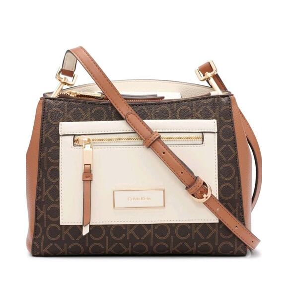 Calvin Klein Hadley Triple Compartment Crossbody, Brown/Khaki/Caramel/White - Picture 1 of 4